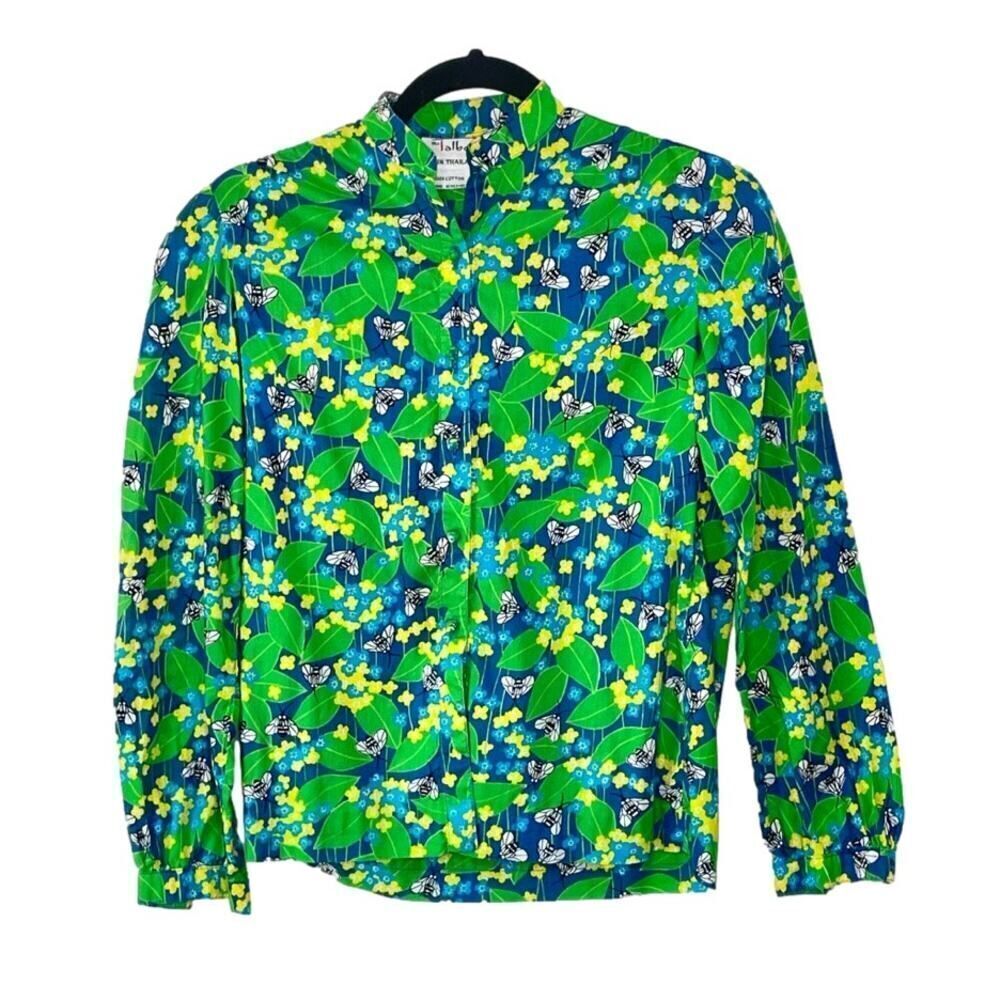 Talbots Green Blue Bees Cotton Button Down Shirt Small